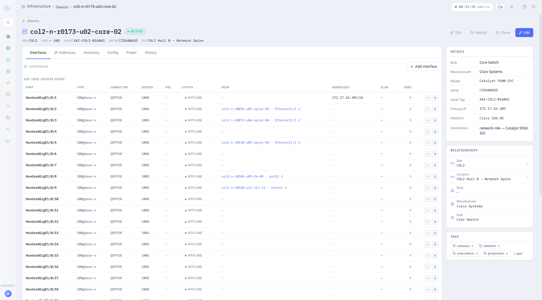 The Interfaces tab listing a device's ports